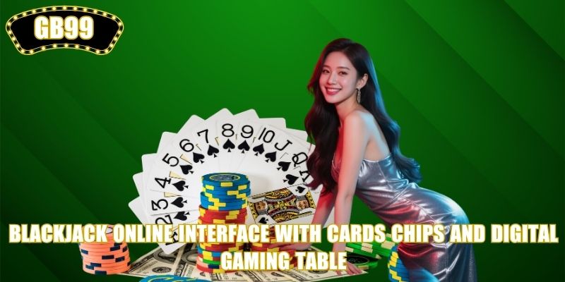 Blackjack online interface with cards chips and digital gaming table