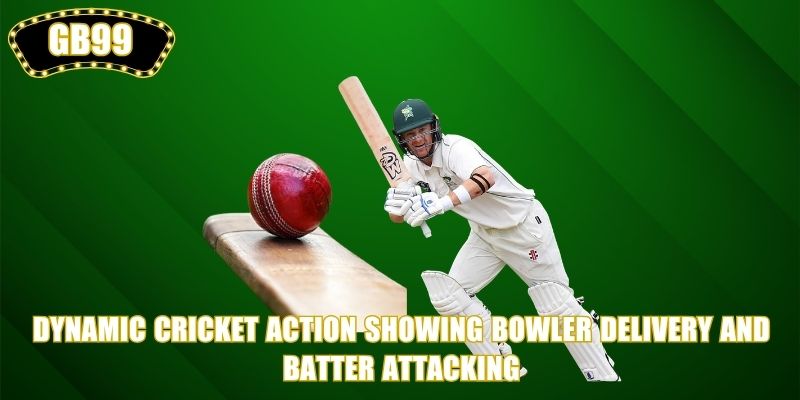 Dynamic Cricket action showing bowler delivery and batter attacking