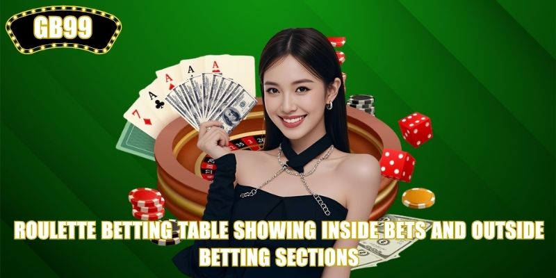 Roulette betting table showing inside bets and outside betting sections